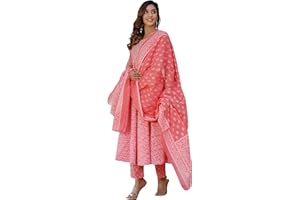 INDACORIFY Indischer bedruckter Baumwoll-Kurti, schönes Blumendruck-Freizeitkleid mit Hose, Dupatta-Set für Damen- und Mädchenanzug