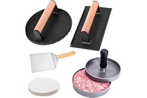 TEL CHARME * Heavy-Duty Round & Rectangle Cast Iron Smash Burger Press Kit with Spatula, Hamburger Patty Maker, 100 Patty Papers - Non-Stick Tool for Blackstone Grill, Steak, Bacon, Sandwich & Panini