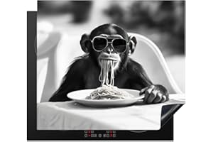 KitchenYeah© Protection Pour Plaque Induction 60x52 cm Plaque de Deco Cuisine Protégé Cache De Cuisson Vitroceramique Singe - Spaghetti - Lunettes de Soleil - Noir et Blanc - Cool - Animal