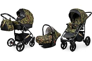 BABYLUX Miracle Kinderwagen 3 in 1 Tief Babywagen Kindersitz Autositz Rahmen aus Aluminium Multifunktionskinderwagen Funktionell Sicher 60 x 95 x 115 cm Schwarzer Rahmen Tactical Moro