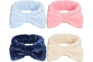 Heyu-Lotus Pack of 4 Spa Bowknot Hair Bands, Coral Fleece Makeup Bow Headband, Elastic Cosmetic Headband for Washing Facial Shower, Yoga, Sports, Skin Care (Beige, Pink, Blue, Navy Blue)