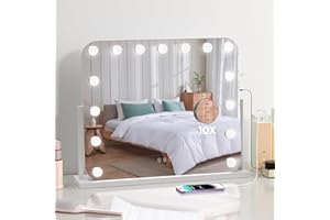 SenDeluz Hollywood Espejo Maquillaje con Luz con 15 Lámparas LED Regulables, 3 Modos de Luz, Puerto de Carga USB, Control Táctil, Función de Memoria, con Espejo de Aumento 10X