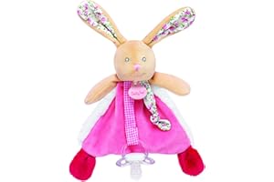 BABY NAT'- Doudou Lapin Attache Sucette POUPI - 22 cm - Peluche Bébé Rose avec Attache Tétine - Doudou Oreilles et Nouettes Imprimées Fleurs - Idée Cadeau Naissance Fille - BN0610