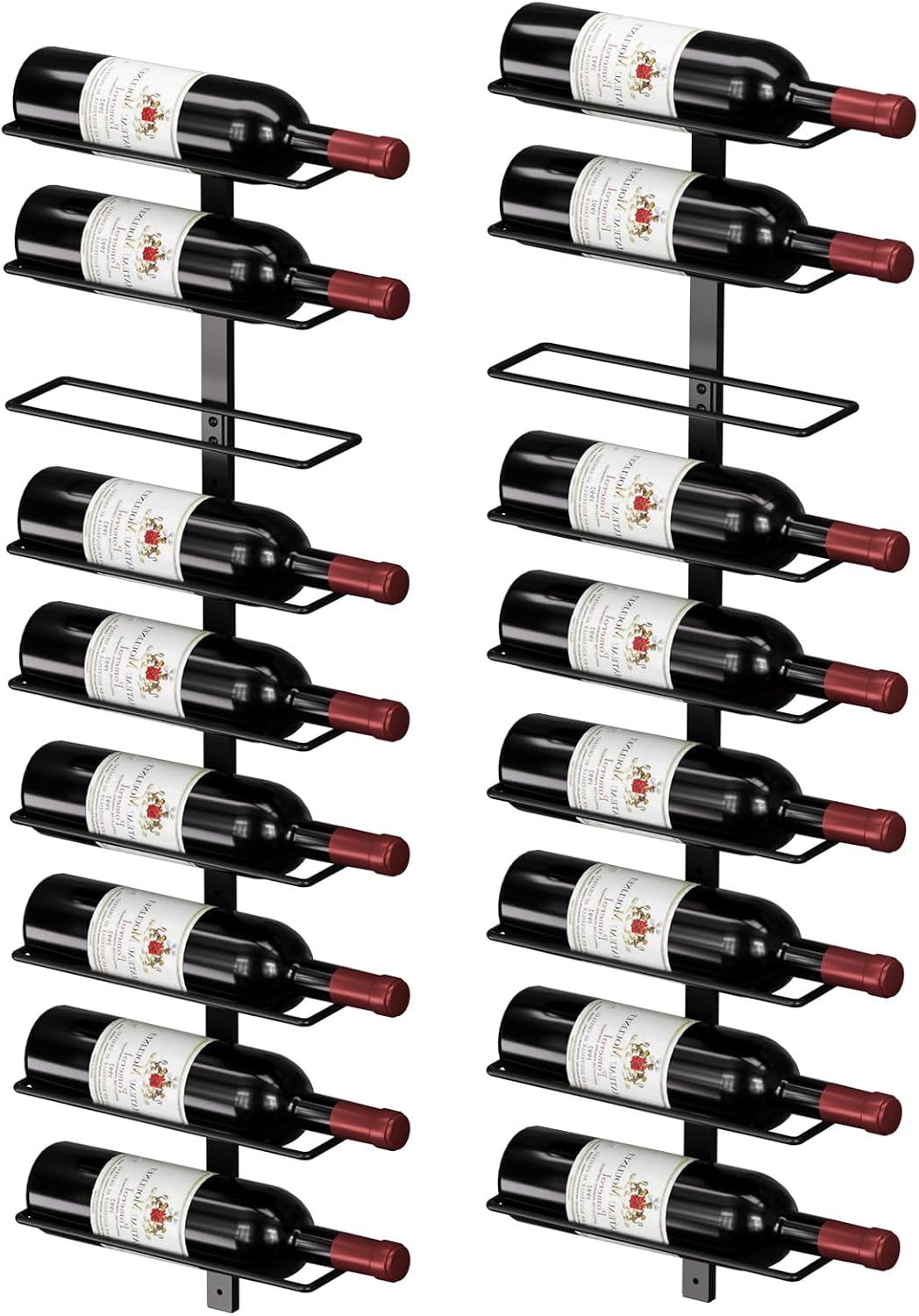 Estante para vino de pared para 18 botellas - Estante para vino de pared de metal para botellas de vino, licor y champán, soporte de exhibición de almacenamiento de vino resistente para bar en casa
