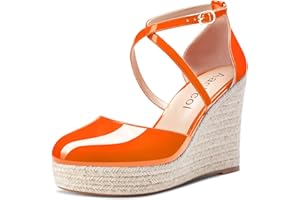 Aachcol Mujer cuña Esparto Plataforma Pumps Redonda Punta Correa Tobillo Chunky Ancho Alto High Heel Dress Zapatos Pumps de Boda Charol 10 CM