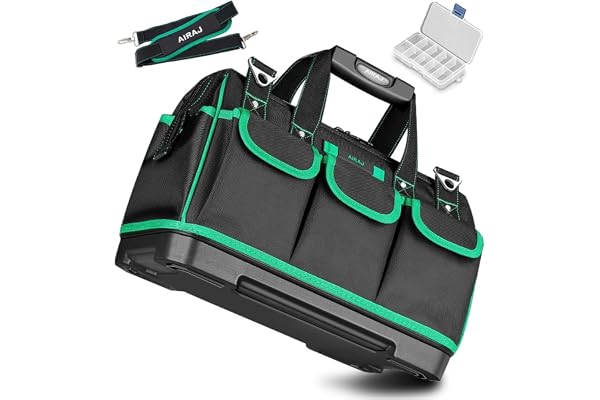 AIRAJ Sac à Outils 47 * 27 * 31CM,Fond dur en plastique résistant à l'usure/Avec 16 Poches/Grande ouverture/Sac à Bandoulière Réglable/Poche avant avec velcro,Sac à Outils multifonctionnelle