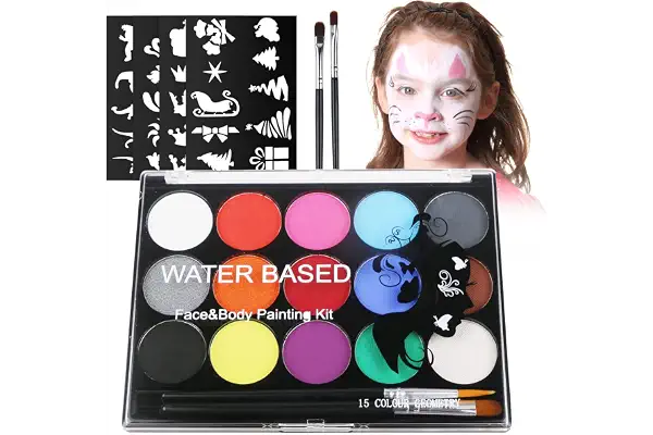 URAQT Pintura Corporal y Facial, 15 Colores Seguridad No Tóxica Pintura Facial, Kit de Pintura Facial con 32 Plantillas 2 Pinceles, Pintura de Cara para Niños Halloween Fiestas Cosplay Semana Santa