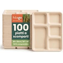 Piatti Usa E Getta ARYA In Bagassa Di Canna Da Zucchero 28 Cm | 4 Scomparti, Biodegradabili, Adatti A Microonde E Congelatore