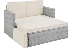 ‎TECTAKE tectake Sofa Set - 2 Sitzer Sessel mit Hocker und Schlaffunktion, kleine Rattan Couch als Outdoor Gartenmöbel, wetterfest für Lounge, Balkon und Garten, klappbar mit imprägnierten Polstern