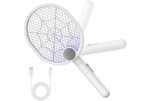 Buzbug Elektrische Fliegenklatsche, 3800V, 2-in-1 Fliegenklatsche Elektrisch, USB-Ladestation, 1500mAh Wiederaufladbarem Akku, LED-Licht, 3-Lagiges Schutznetz, Weiß