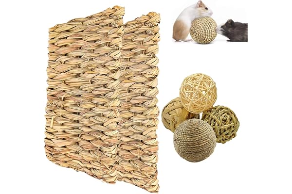 RoadLoo Lits Mâcher, 2 Pcs Naturelle Tapis Lapin Main Herbe Tissée Jouets avec 4 Pcs Balles Mâcher Petits Animaux Mâcher Sûrs Comestibles Tapis Mâcher Boules Rotin Balle Jouet pour Hamster Rat Cochon