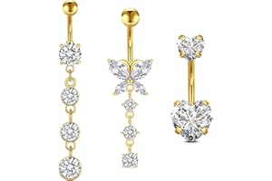 WillTen 3Pcs Dangly Belly Button Bars, 14G 10mm Belly Button Piercing, Surgical Steel Belly Bars Silver Gold Belly Bar Butterfly Heart Belly Rings Navel Piercing Jewelry for Women Girl