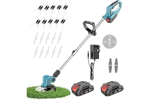 BOGSETH Grass Strimmer Cordless with 2 PCS 3.0Ah Battery and Charger Lightweight Garden Trimmers with 10 Steel Wire Replacement Spools, 10 Plastic Blades, 2 Metal Blades, 1 Saw Blade
