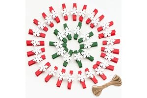 jijAcraft Christmas Mini Wooden Pegs: 50PCS Red Green Snowflakes Photos Pegs, 3.5cm Small Wooden Peg and String, Christmas Decorations for DIY Hanging Xmas Cards and Photo Paper Crafts