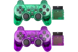 Hovlian Wireless Controller for PS2,Built-in Dual Vibration 2.4G Gamepad Joystick Compatible for Playstation 2 (2PACK, Clear Purple and Clear Green)