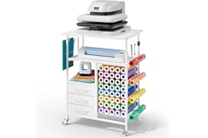 Homsorout Tavolo mobile per pressa di calore, 6 ripiani, con cassetti e porta rotolo in vinile, compatibile con macchine da taglio Cricut Craft Workstation (bianco)