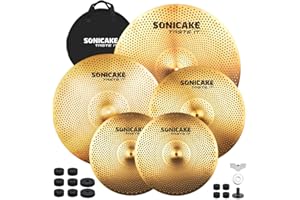 SONICAKE Cymbal Set mit geringer Lautstärke 14" HiHat+16" Crash+18" Crash+20" Ride Beckenset Golden 5 Stücke mit Beckentasche und Zubehör