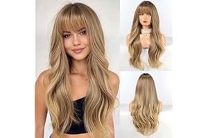 HAIRCUBE Long Blonde Mixed Brown Parrucca con Bangs Perrucche ricce a strati per donne Parrucche sintetiche naturali per uso quotidiano (pelucas de cabello naturale)