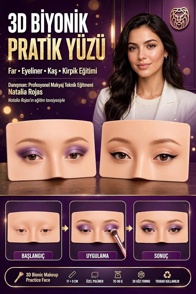 3D Biyonik Makyaj Pratik Yüzü Tahtası 17x9 cm - Göz Farı Eyeliner Kaş Kirpik Uygulama Eğitim Aparatı Tekrar Kullanılabilir 723738