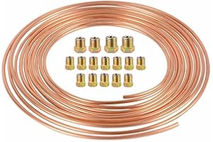 Ragyzity Brake Pipe Copper Coated Steel Tubing 25Ft 1/4", Automotive Replacement Brake Lines Kit with 16 Nuts Fittings, Car Replacement Brake Hose Line Kit, Car Inner Steel Brake Oil Pipe