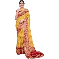 Saree In Seta Patola Donna SWORNOF – Bianco Con Pezzo Camicetta Non Cucito – Taglia Unica