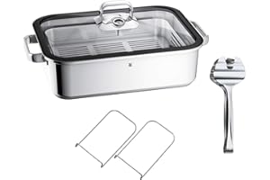 WMF Vitalis Aroma - Pentola a vapore, a induzione, 41 x 27 x 10 cm, teglia da 6,5 l, pinza da servizio, coperchio in vetro, bordo in silicone, termometro, casseruola in acciaio inox Cromargan non