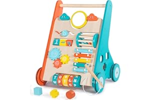 LOL-FUN Wooden Baby Walker for 1 2 Year Old, Toddler Push Along Walkers with Blocks, 10in1 Multiple Walking Toys Activity Center for Boys Girls Gift Age 12 Months+