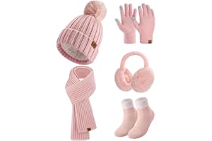 Niwicee Sciarpa Donna Invernale Cappello Donna Guanti Donna Invernali 5 Pezzi Touch Screen Calze Termiche Plush Paraorecchie Berretto in Maglia con Foderato in Pile Caldo Invernale Accessori Esterno