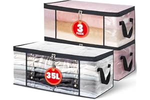 NEWSONA Lot de 3 Sacs de Rangement Vetement Transparente 35L – Boîte de Rangement Sous Lit/Armoire,Housse Rangement Couette Organisateur de Placard, Pliable avec Fermeture Éclair et Poignées