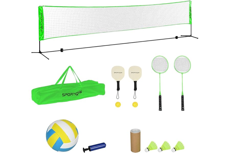 SPORTNOW 5M Portable Badminton Set, Height Adjustable Tennis Volleyball Net with 3 Shuttlecocks, 4 Rackets and with Carry Bag, Multi-Sports Badminton Net for Indoor Outdoor, Garden, Beach Games