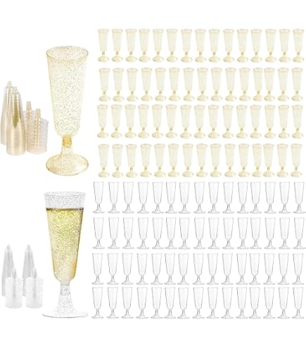 20 Verres à Champagne Plastique Transparents - 150ml Avec Bord Doré Pour Fêtes Et Mariages