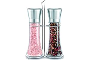 LISRSC Salt and Pepper Mill Set with Stainless Stand, Adjustable Coarseness Refillable Salt and Pepper Grinder Set of 2, Ceramic Grinding Core and Durable Glass（Tall）…