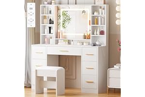 ANWBROAD Toletta Trucco con Luci illuminazione LED Regolabile a 3 colori e prese Moderna Toletta Bianca con Specchio e Sgabello 7 Cassetti 4 Ripiani Aperti Toletta Grande 140x100x40cm BDT65W