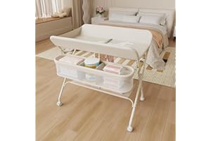 HUOLE 3 in 1 Wickeltisch klappbar, mobile Wickelkommode mit Rollen, Wickelstation höhenverstellbar, tragbare Wickelauflage bis 25 kg Belastbar,75 x 68 x 83–91 cm (A) (Cremeweiß)