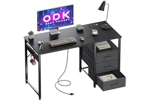 ODK Scrivania con 3 Cassetti, 120x48x75,5 cm Scrivania per Ufficio con 2 Prese di Corrente e Prese USB, Scrivanie PC Reversibili Scrittoio Scrivanie per Computer Domestico, bureau, Nero