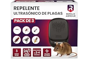 REPELIX ARMOUR Repelente ultrasónico de plagas para Interiores – Pack de 3 – Cubre 140m² por Dispositivo – 3 Modos – Repele Ratones, Ratas, arañas, Mosquitos, Hormigas, Insectos y Moscas, PR-025 (Negro)