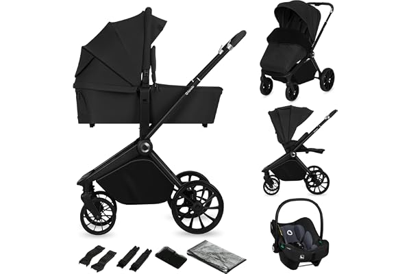 LIONELO MIKA PLUS 3 en 1 Poussette 0 à 48 mois jusqu'à 22 kg Nacelle jusqu'à 9 kg, Siège Auto Nacelle, Réglage du Dossier, Amortisseurs, Roues 360° en PU Auvent XXL (Black Onyx)
