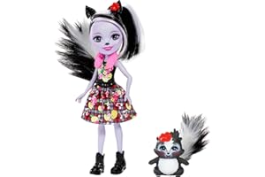 Enchantimals FXM72 - Sage Skunk Puppe & Caper-Figur, Puppe (ca 15cm), lange schwarz-weiße Haare, Tierohren, buschiger Schwanz, abnehmbarem Rock, Schal, Schuhen, Spielzeug Geschenk ab 3 Jahren