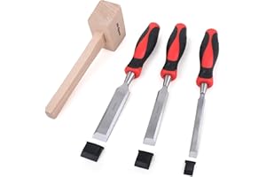 Hi-Spec 4 Piece Mallet & Wood Chisel Set. 1/2", 3/4" & 1" Steel Chisels for Carving Wood, Carpentry, Sculpting, Framing, Woodturning, Furniture, Crafts & Woodwork