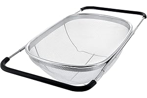 KYOWOLL Scolapasta Ovale Sopra il Lavandino in Acciaio Inox di Alta Qualità con Cestello a Rete Fine da 6 Litri e Manici in Gomma Espandibili, Scolapasta da Lavello per Pasta, Sciacquare Frutta, Verdura