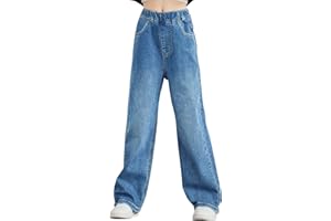 Happy Cherry - Girls Jeans Kid Denim Pants Loose Wide-leg Ripped Pant Child Baggy Trousers Outfits Elasticated High-waisted Straight Jeans Light Blue Fashion Casual Cute with Pockets Age 5-15 Years