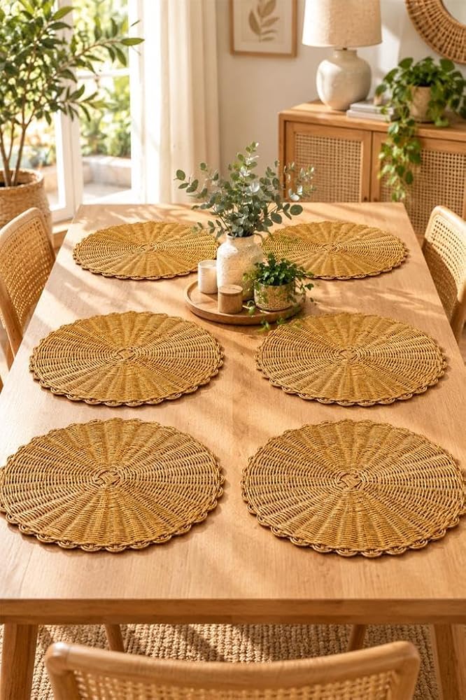 Atbyhome 6'lı Rattan Yuvarlak Supla 36 cm - Bohem Örgü Amerikan Servisi Ve Dekoratif Tabak Altlığı Seti