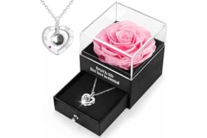 HEGUD Zakonserwowana prawdziwa róża, pudełko prezentowe z naszyjnikiem "I Love You", ręcznie wykonane, wieczna róża, prezenty dla niej, kobiety, dziewczyny, żony, matki, prezent na urodziny, walentynki,