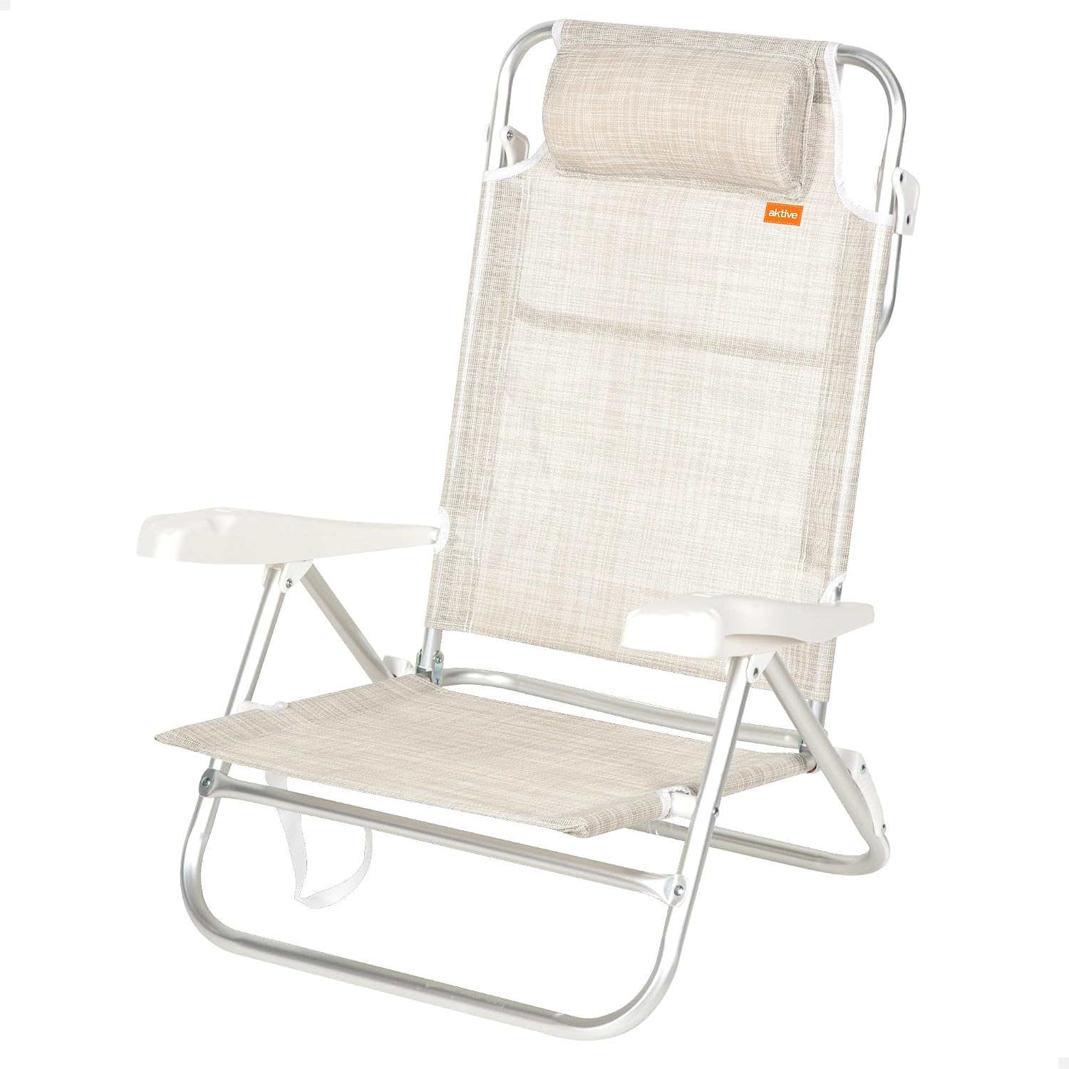 AKTIVE Silla Playa Plegable, 7 Posiciones, Color Beige, 47x49x82 cm, Incluye cojín Acolchado, Asas de Transporte, Soporta 110 kg, Sillas Respaldo reclinable, Multiposición (62667), Estándar, Gris