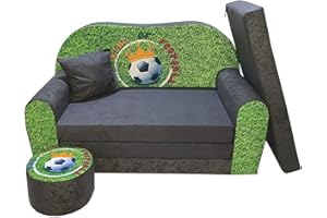 ‎FORTISLINE FORTISLINE Kindersofa Kindercouch Aufklappen Bettfunktion + Hocker W319 2 Viele Muster (King of Football)