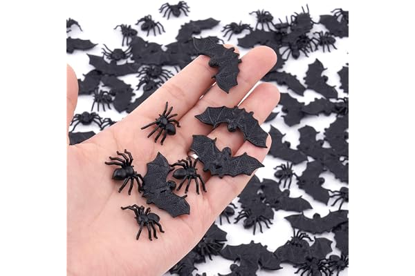 200 Mini realistiska spindlar och fladdermöss för Halloween | 200-pack, Halloween-dekoration, realistisk design, spindlar och fladdermöss, miniatyrer