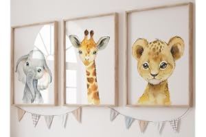 Eviepops Prints Animales del Safari Set de 3 Láminas Sin Marco para Habitación de Niño o Niña, Pósters de Arte de Pared para Decoración de Dormitorio, Elefante Jirafa León (A3)