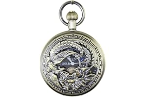 OGLE Waterproof Bronze Phoenix Black Tourbillon Phases Sun Moon Chain Fob Automatic Mechanical Pocket Watch, black, Digital, mechanical
