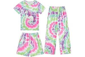 Fanient Girls Pyjamas Sets Girls Colorful Printed Pyjamas Sleepwear Short Sleeve Nightwear for Girls Pjs 3 Piece Sets 7-14 Years