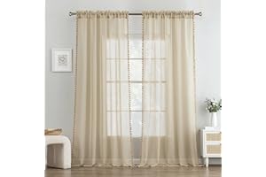 MIULEE Cortina Habitacion Beige con Pompones, Bonitas y Sencillas Cortinas Dormitorio, 2 Piezas Translucidas Habitacion Cortinas, 2X140 x 260cm, Modernas Visillos Transparentes para Ventanas
